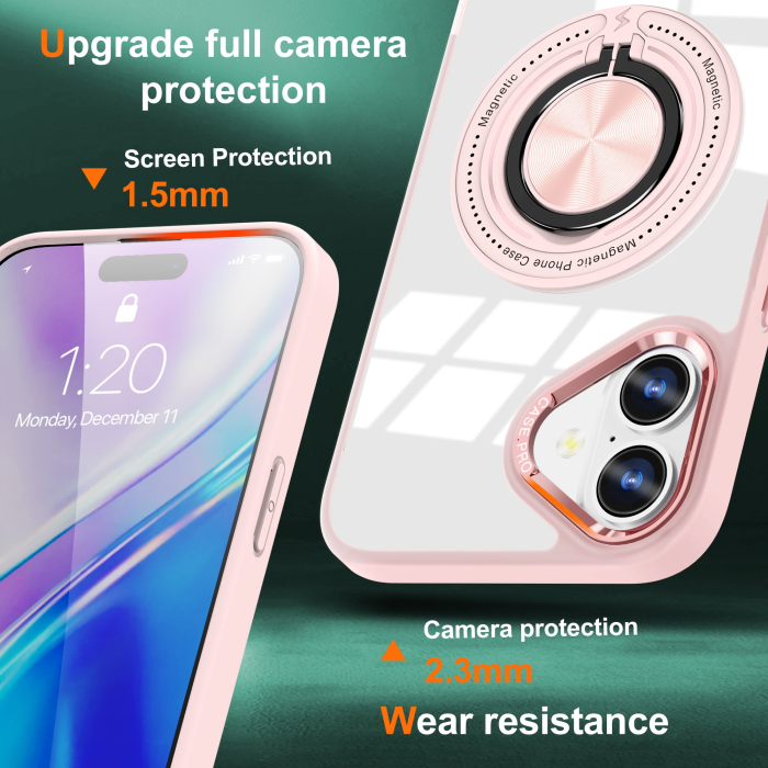 Husa de Protectie TPU, , pentru iPhone 16, Anticadere, cu Incarcare Wireless, Tehnologie Magsafe, Inel Magnetic Rotativ cu Functie de Suport, Transparent-Roz [2]