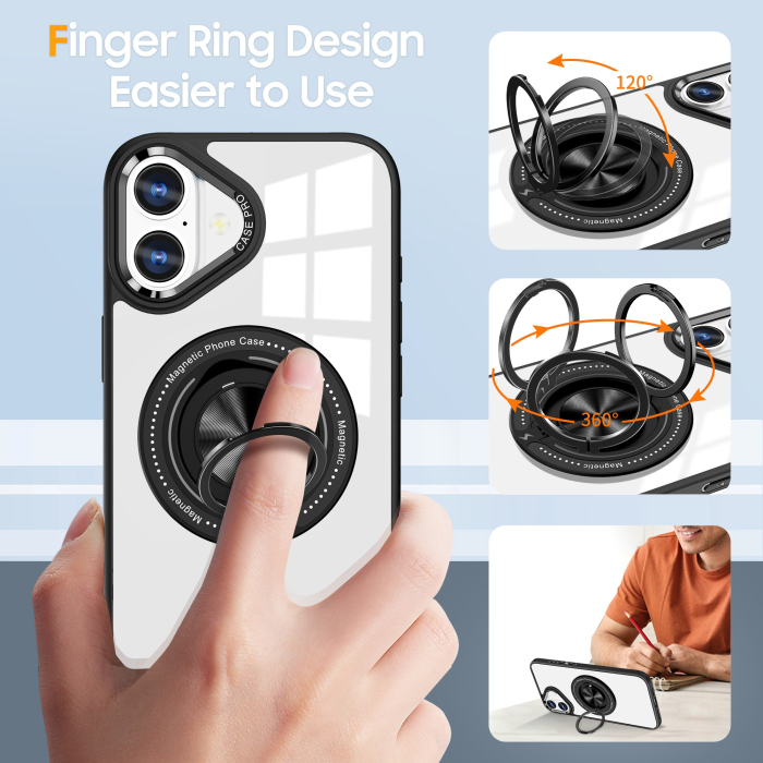 Husa de Protectie TPU, , pentru iPhone 16 Plus, Anticadere, cu Incarcare Wireless, Tehnologie Magsafe, Inel Magnetic Rotativ cu Functie de Suport, Transparent-Negru [6]