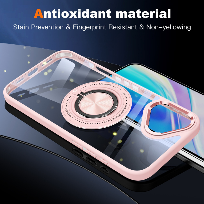 Husa de Protectie TPU, , pentru iPhone 16 Plus, Anticadere, cu Incarcare Wireless, Tehnologie Magsafe, Inel Magnetic Rotativ cu Functie de Suport, Transparent-Roz [7]