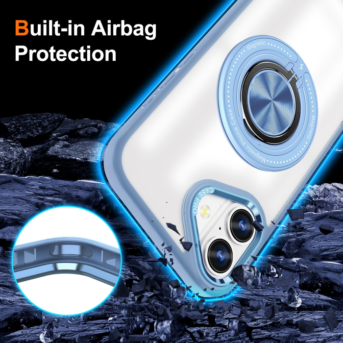 Husa de Protectie TPU, , pentru iPhone 16 Plus, Anticadere, cu Incarcare Wireless, Tehnologie Magsafe, Inel Magnetic Rotativ cu Functie de Suport, Transparent-Albastru Deschis [3]