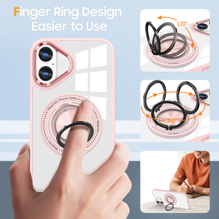 Husa de Protectie TPU, , pentru iPhone 16 Plus, Anticadere, cu Incarcare Wireless, Tehnologie Magsafe, Inel Magnetic Rotativ cu Functie de Suport, Transparent-Roz [6]