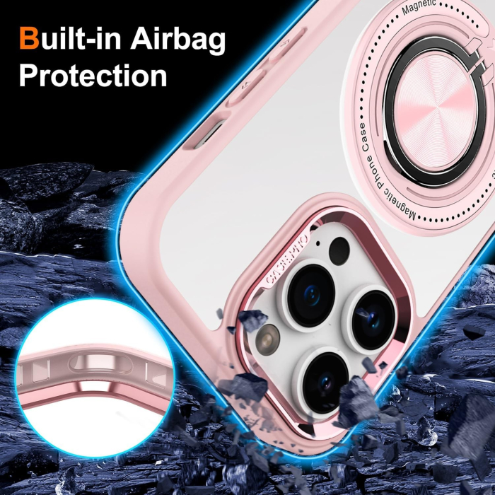 Husa de Protectie TPU, , pentru iPhone 16 Pro, Anticadere, cu Incarcare Wireless, Tehnologie Magsafe, Inel Magnetic Rotativ cu Functie de Suport, Transparent-Roz [2]