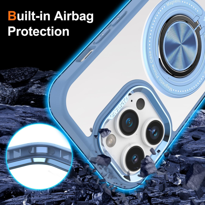 Husa de Protectie TPU, , pentru iPhone 16 Pro Max, Anticadere, cu Incarcare Wireless, Tehnologie Magsafe, Inel Magnetic Rotativ cu Functie de Suport, Transparent-Albastru Deschis [2]