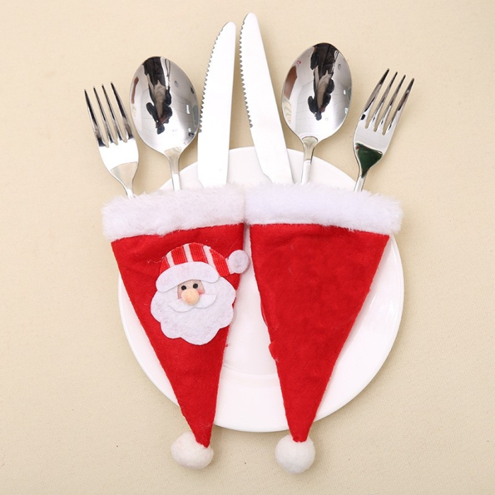 Husa decorativa festiva pentru 3 tacamuri , model caciulita cu Mos Craciun, material textil si poliester, 19 x 10 cm, rosu [8]