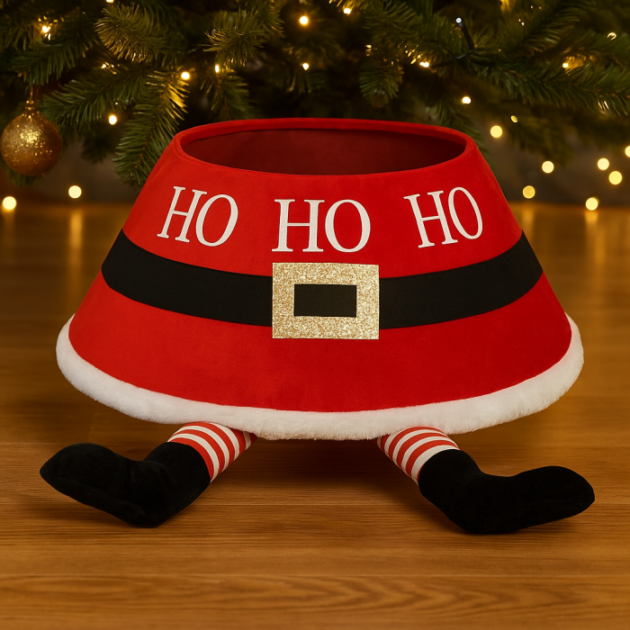 Husa decorativa tip fusta pentru bradul de Craciun, cu picioare spiridus, diametru 56 cm, rosu [2]