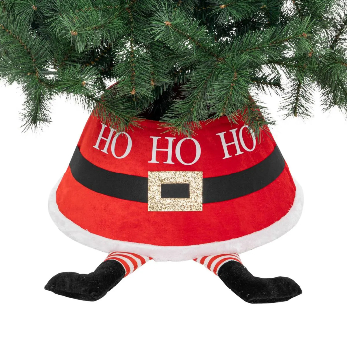 Husa decorativa tip fusta pentru bradul de Craciun, cu picioare spiridus, diametru 56 cm, rosu [3]