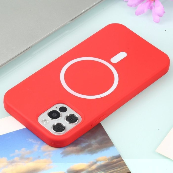 Husa MagSafe liquid large hole magnetic shell pentru Apple iPhone 11, Full Cover, Liquid Silicone, Magnetica, Incarcare Wireless, , Rosu [3]
