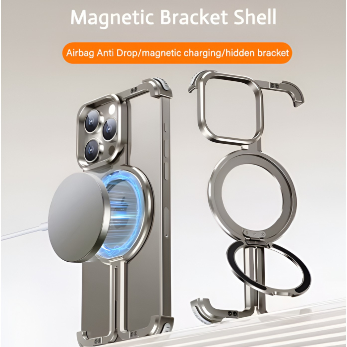 Husa MagSafe Metalica Compatibila cu iPhone 15 Pro, , Clear Case, Aliaj de Aluminiu, cu Magnet, fara Rama, Antisoc, Antizgariere, Incarcare Wireless, Gri Metalizat [12]