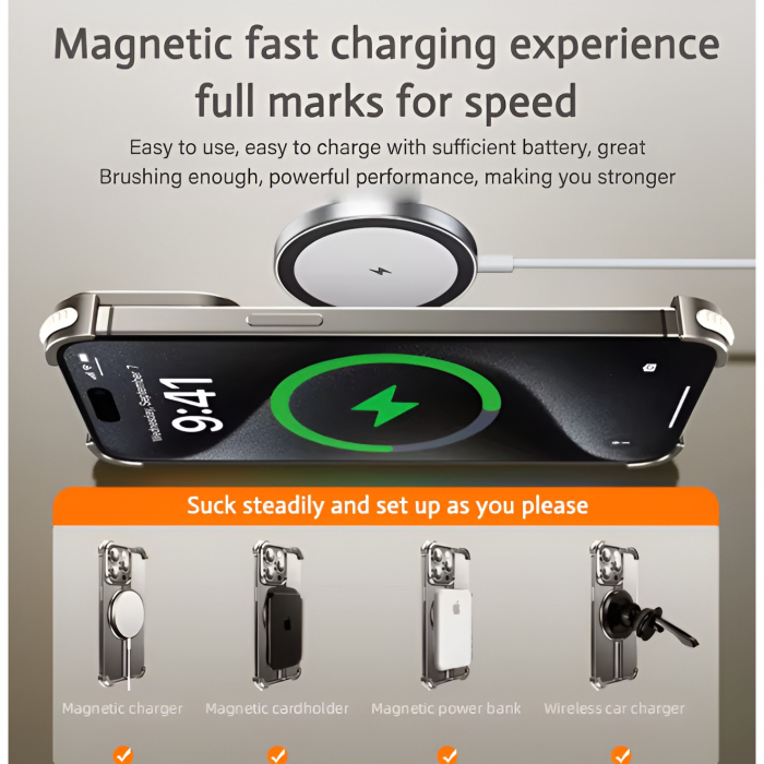 Husa MagSafe Metalica Compatibila cu iPhone 15 Pro, , Clear Case, Aliaj de Aluminiu, cu Magnet, fara Rama, Antisoc, Antizgariere, Incarcare Wireless, Gri Metalizat [11]