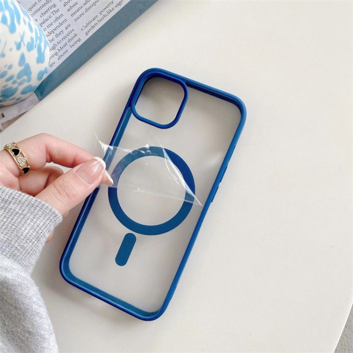 Husa MagSafe pentru Apple iPhone 13, Full Cover, Frosted Acrylic Color Big Hole, Magnetica, Incarcare Wireless, , Albastru [3]