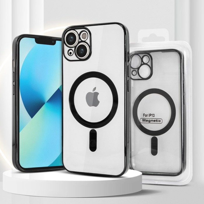 Husa MagSafe pentru Apple iPhone 14 Pro Max, Full Cover, Protectie camera, Margini colorate Electroplating, Magnetica, Incarcare Wireless, , Negru [2]