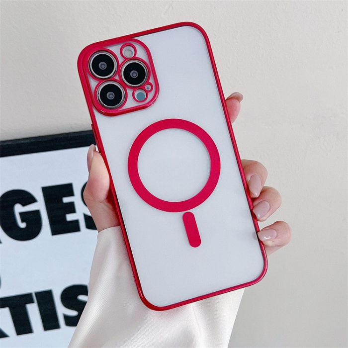 Husa MagSafe pentru Apple iPhone 14 Pro Max, Protectie camera, Full TPU, Margini colorate Electroplating, Magnetica, Incarcare Wireless, , Rosu [3]