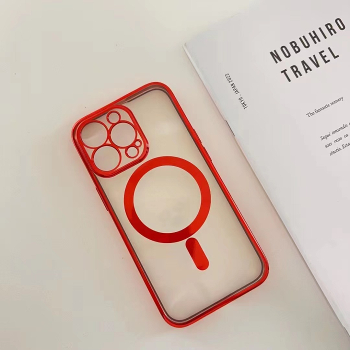 Husa MagSafe pentru Apple iPhone 14 Pro, Protectie camera, Full TPU, Margini colorate Electroplating, Magnetica, Incarcare Wireless, , Rosu [2]