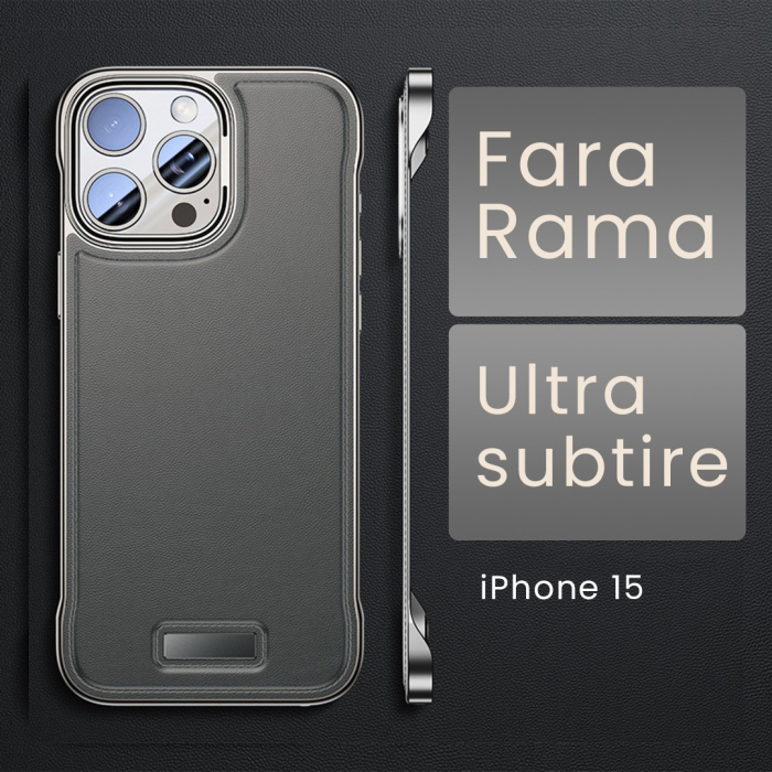 Husa pentru iPhone 15, husa de protectie pentru telefon, , Design Modern fara margini, din Piele PU, Subtire, Gri [2]