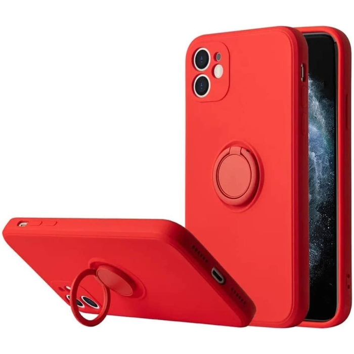 Husa protectie compatibila cu Apple iPhone 12 Liquid Silicone Ring cu suport rotativ Rosu [4]