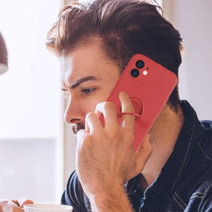 Husa protectie compatibila cu Apple iPhone 12 Liquid Silicone Ring cu suport rotativ Rosu [3]
