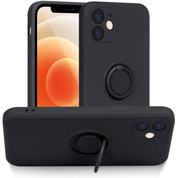 Husa protectie compatibila cu Apple iPhone 12 Mini Liquid Silicone Ring cu suport rotativ Negru [7]