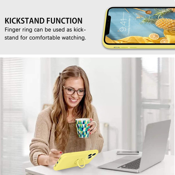 Husa protectie compatibila cu Apple iPhone 12 Pro Liquid Silicone Ring cu suport rotativ Galben [5]
