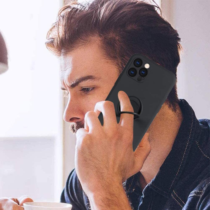 Husa protectie compatibila cu Apple iPhone 12 Pro Liquid Silicone Ring cu suport rotativ Negru [4]