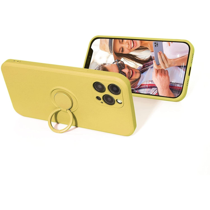 Husa protectie compatibila cu Apple iPhone 13 Liquid Silicone Ring cu suport rotativ Galben [2]