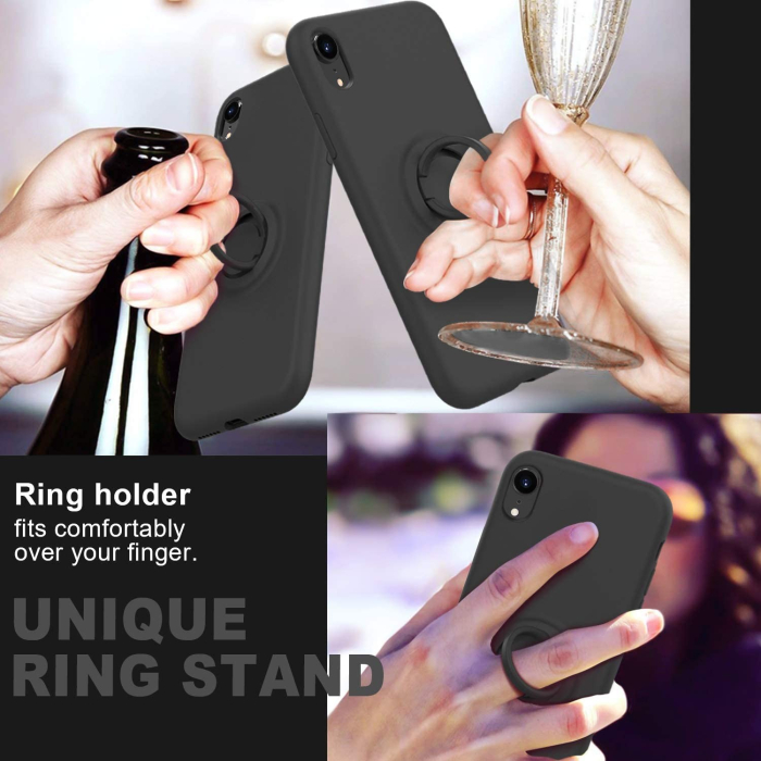 Husa protectie compatibila cu Apple iPhone XR Liquid Silicone Ring cu suport rotativ Negru [7]