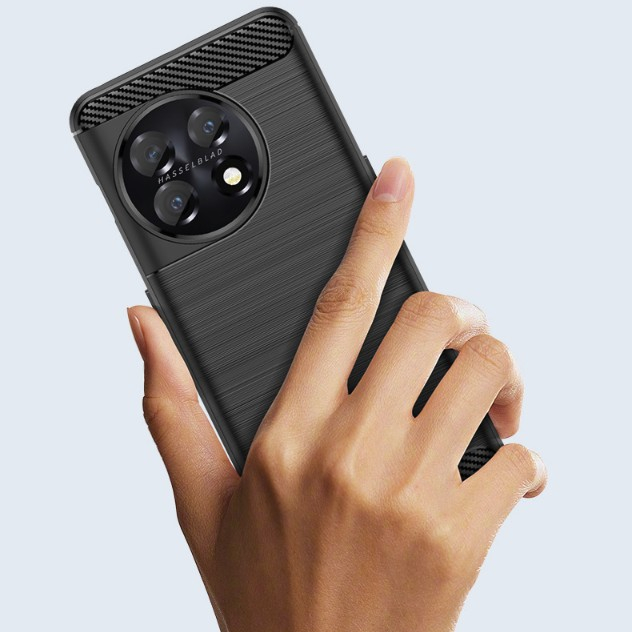 Husa Protectie pentru OnePlus 11, , din Silicon TPU Moale, Textura Periat, Anti Cadere, cu Element Carbon, Negru [4]