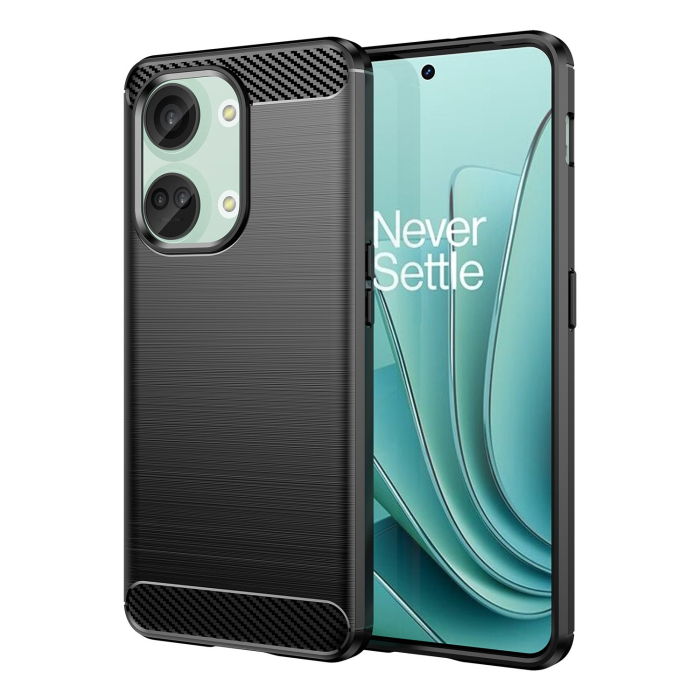 Husa Protectie pentru OnePlus Nord 3, , din Silicon TPU Moale, Textura Periat, Anti Cadere, cu Element Carbon, Negru [7]