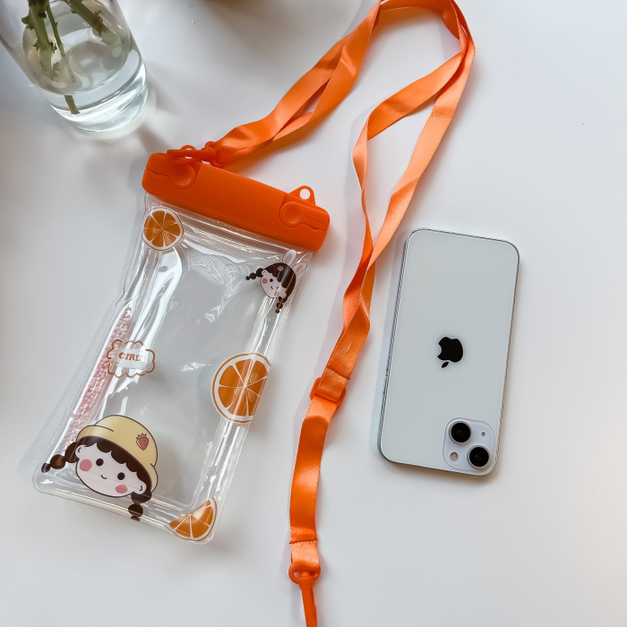 Husa subacvatica Fruity Waterproof , Snowproof, Universala, Impermeabila, cu Snur, pentru telefon sau documente, Orange Girl 2, Oranj [4]