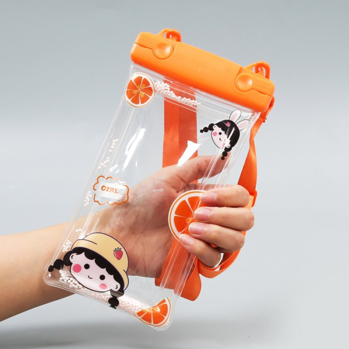 Husa subacvatica Fruity Waterproof , Snowproof, Universala, Impermeabila, cu Snur, pentru telefon sau documente, Orange Girl 2, Oranj [6]