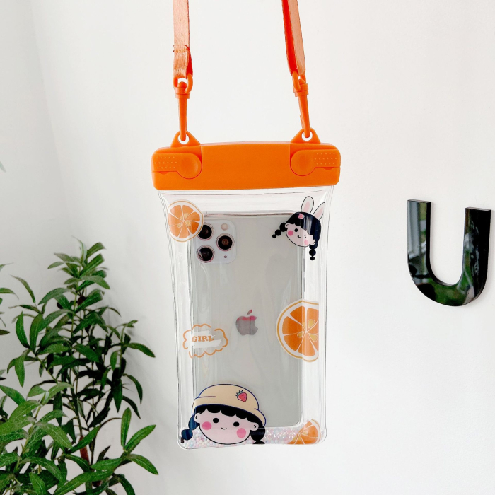 Husa subacvatica Fruity Waterproof , Snowproof, Universala, Impermeabila, cu Snur, pentru telefon sau documente, Orange Girl 2, Oranj [5]