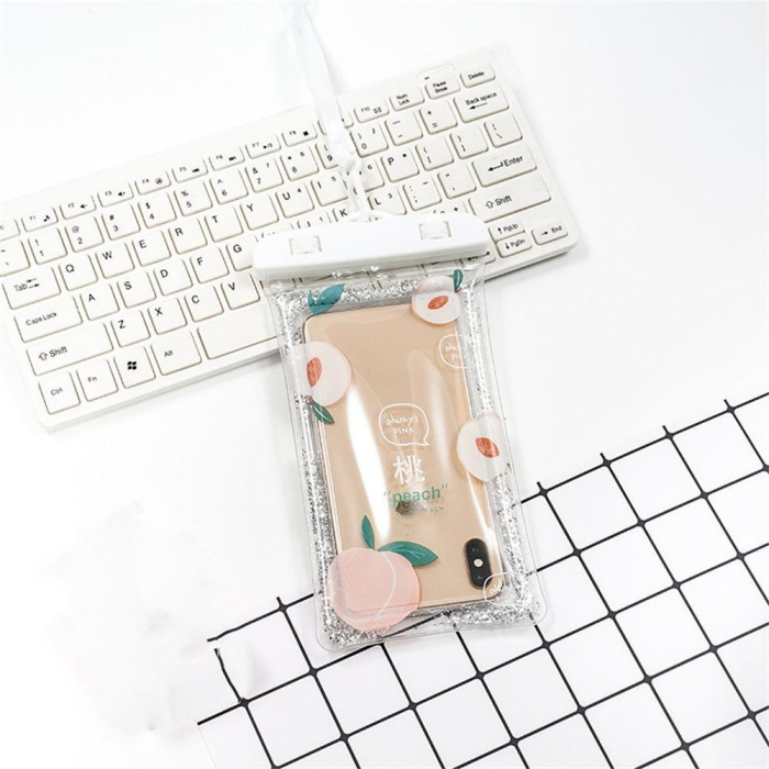 Husa subacvatica Glitter Kids Waterproof , Snowproof, Universala, cu Snur, pentru telefon sau documente, Peach, Alb [2]