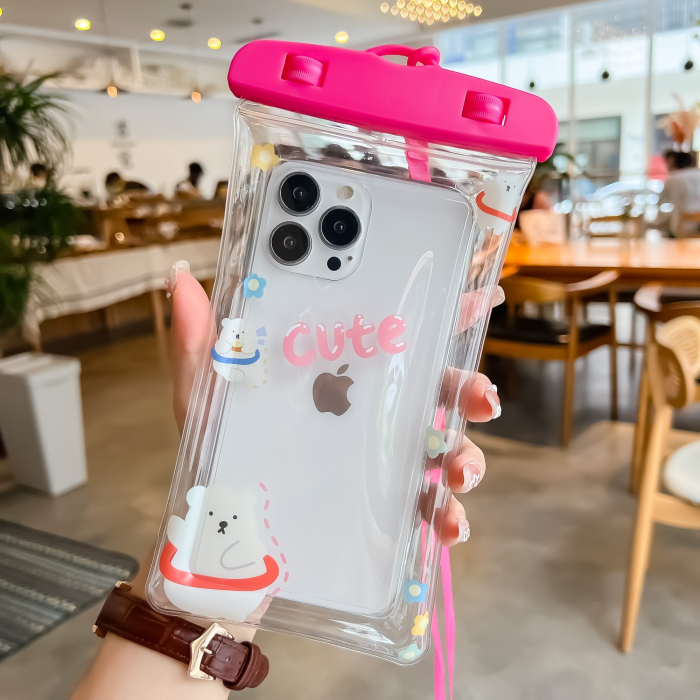 Husa subacvatica Kids Waterproof , Snowproof, Universala, cu Snur, pentru telefon sau documente, Bears, Roz [3]