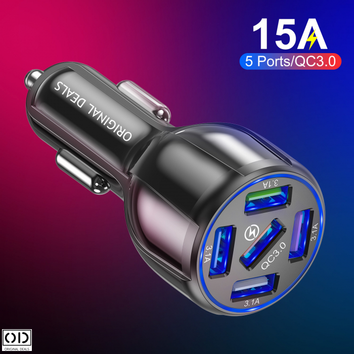 Incarcator Auto cu 5 Porturi USB Fast Charge 3.1A cu Multiple Sisteme de Siguranta Qualcomm 3.0, Calitate Premium, Negru [5]