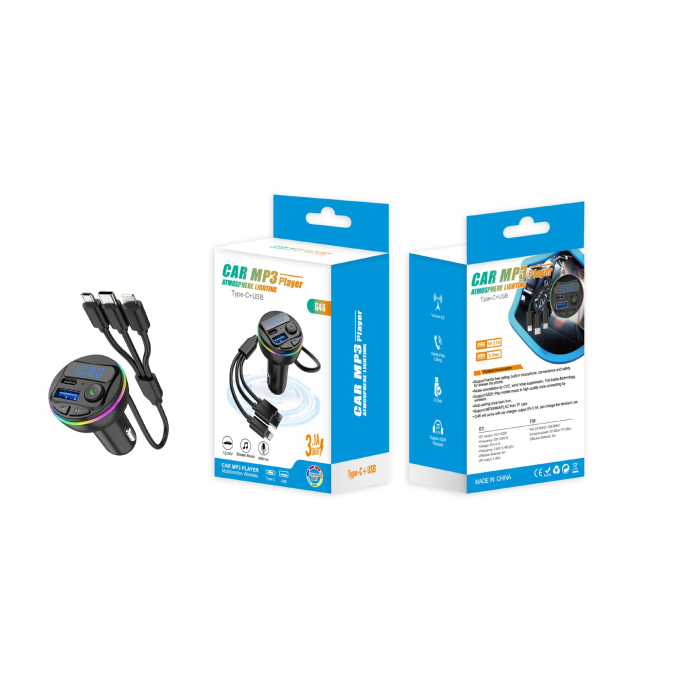 Incarcator Auto cu MP3 Player, , Port USB Fast Charge QC3.0 si Type C, PD 20W, Bluetooth, 3 Mufe de Incarcare, Negru [6]