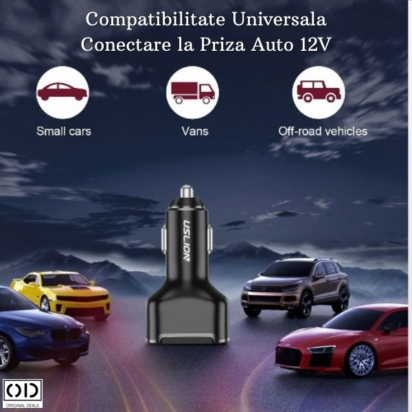 Incarcator Auto cu Incarcare Rapida Fast Charge cu 3 Porturi USB si USB Tip C cu Multiple Protectii si Cip Smart Integrat Pentru Priza Masina 12V, Negru [9]