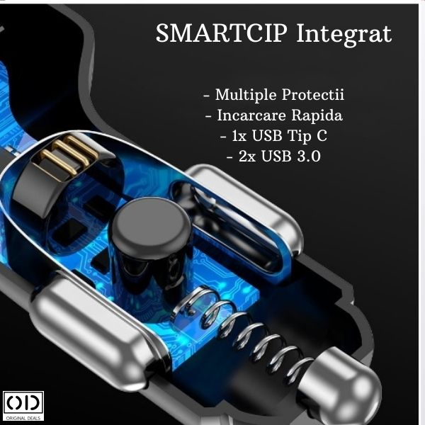 Incarcator Auto cu Incarcare Rapida Fast Charge cu 3 Porturi USB si USB Tip C cu Multiple Protectii si Cip Smart Integrat Pentru Priza Masina 12V, Negru [10]