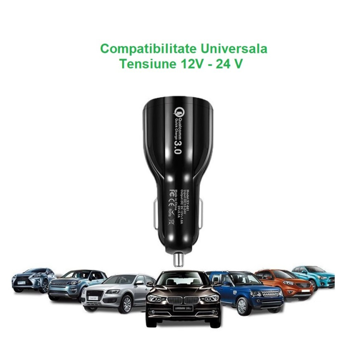 Incarcator Auto, , Pentru Bricheta, Incarcare Rapida, Interfata USB, 12V-24V, Negru [8]