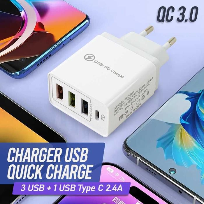 Incarcator Fast Charge pentru Telefon 32W, , Incarcator Quick Charge cu 3 Porturi USB-A 3.1A & 1 USB-C, Power Delivery 32W, Cap Standard European, Alb [2]