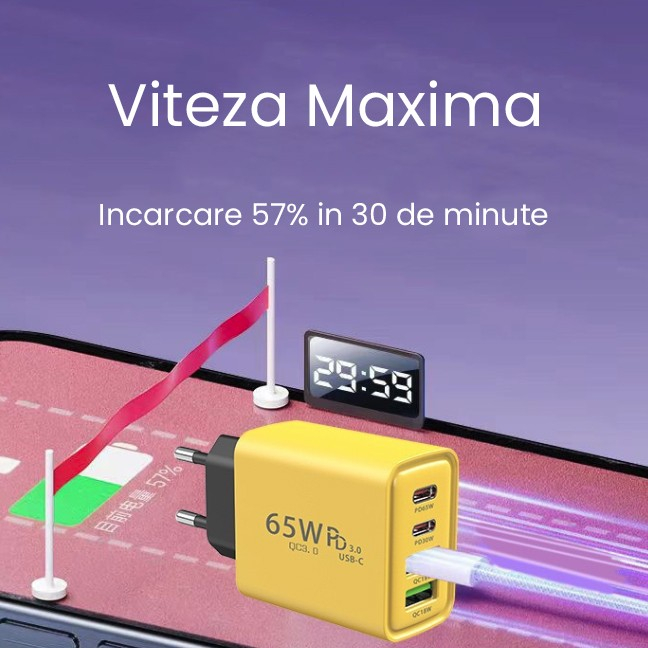 Incarcator Fast Charge pentru Telefon 65W, , Incarcator Quick Charge cu 2 Porturi USB-A 3.1A & 2 Porturi USB-C, Power Delivery 65W, Cap Standard European, Galben [6]