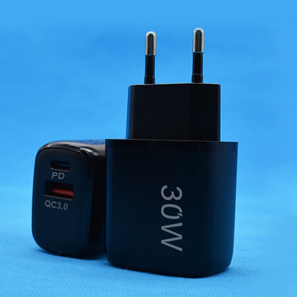 Incarcator Fast Charging pentru Telefon, , Dual Port USB-A si USB-C cu Cap de Incarcare Standard European, 30W Q.C 3.0, Negru [2]