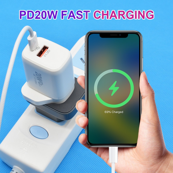Incarcator Fast Charging pentru Telefon, , Dual Port USB-A si USB-C cu Cap de Incarcare Standard European, Power Delivery 20W Q.C 3.0, Alb [4]