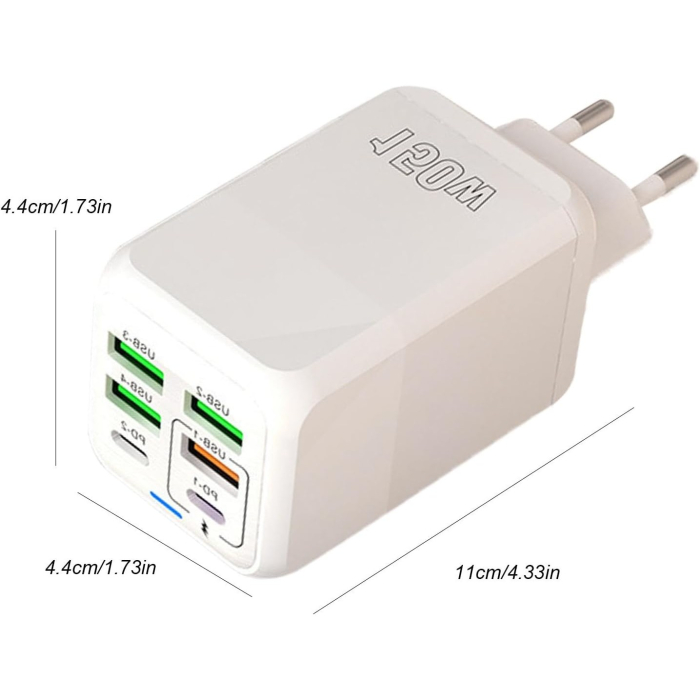 Incarcator Multifunctional, ®, 6 Porturi (2 x PD Type C + 4 USB), 150 W, 5V, 2.4A, Incarcare Rapida, 4.4 x 4.4 x 11 cm, Alb [4]