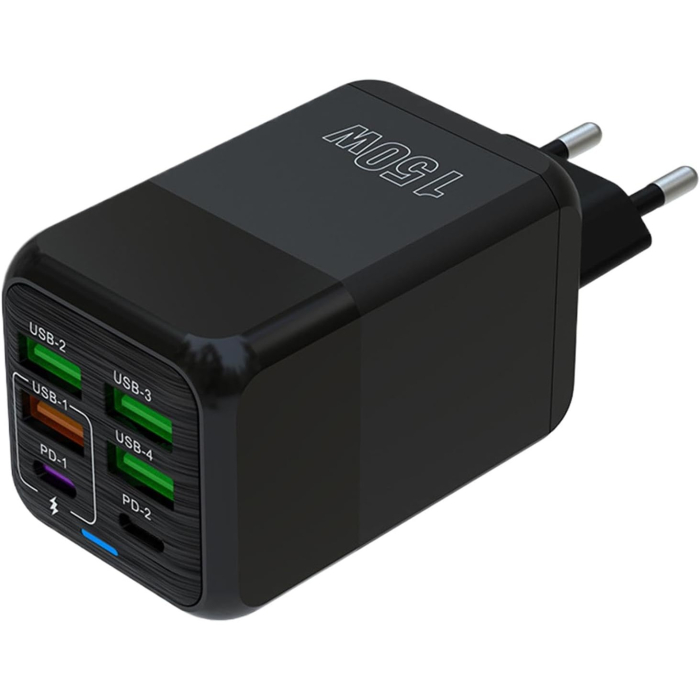 Incarcator Multifunctional, ®, 6 Porturi (2 x PD Type C + 4 USB), 150 W, 5V, 2.4A, Incarcare Rapida, 4.4 x 4.4 x 11 cm, Negru [1]