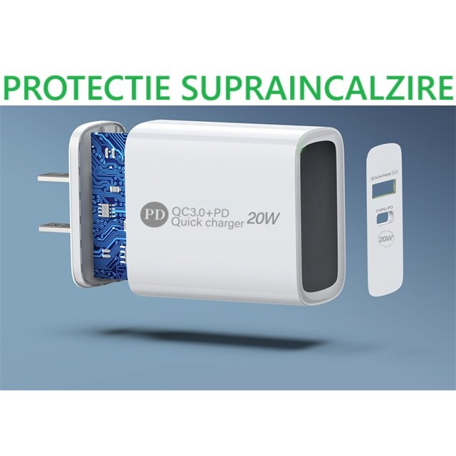 Incarcator Rapid PD QC3.0, , 2 Porturi, USB + Type C, 20W, Incarcare Rapida, Protectie Supraincalzire, 9.5 x 5.3 x 5.8 cm, Alb [3]