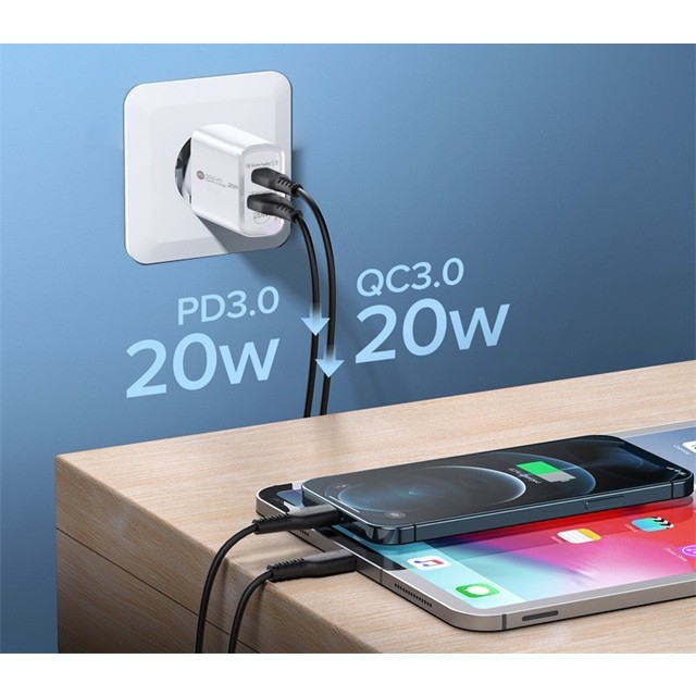 Incarcator Rapid PD QC3.0, , 2 Porturi, USB + Type C, 20W, Incarcare Rapida, Protectie Supraincalzire, 9.5 x 5.3 x 5.8 cm, Alb [2]