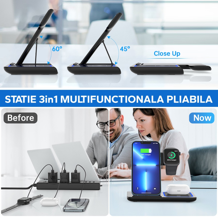 Incarcator Wireless , Statie Incarcare 3 In 1 Qi Fast Charger 15W, Incarcare Rapida, Compatibil Cu Apple Watch Toate Seriile Airpods Toate Modele si Iphone Android Samsung Huawei Xiaomi, Quick Charge, Negru [3]