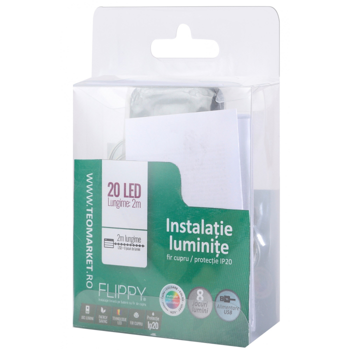 Instalatie Craciun, 2 metri, 20 LED-uri, multicolor, telecomanda 8 functii, USB, fir cupru, liniar, interior/exterior,  [6]