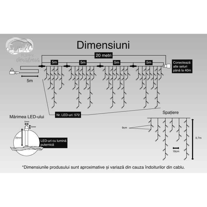 Instalatie Craciun, 20 m, 572 Led-uri ,Franjuri, Albastru, Flash, Transformator cu telecomanda, Interconectabila, Prelungitor 5 m inclus, Fir Transparent,  [3]