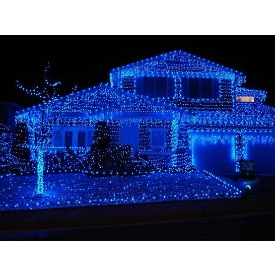 Instalatie Craciun, 25 m, 715 Led-uri ,Franjuri, Albastru, Flash, Transformator, Interconectabila, Prelungitor 3 m inclus, Fir Transparent,  [4]