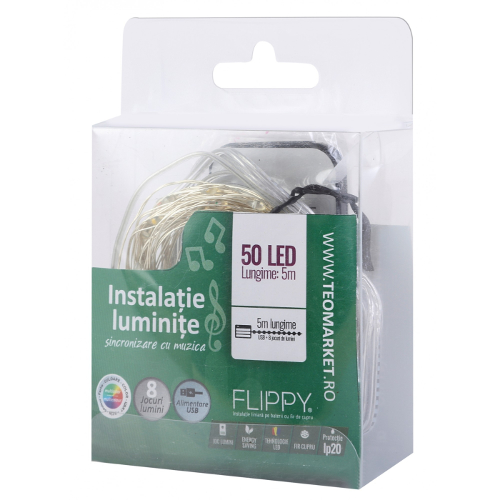 Instalatie Craciun, 5 metri, 50 LED-uri, multicolor RGB, sincronizare muzica, telecomanda 12 de functii, USB, fir cupru, liniar, interior/exterior,  [3]